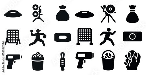 Collection of sports icons and equipment. The icons include a baseball bat, a baseball glove, a baseball, a frisbee, a baseball diamond, a baseball glove, a baseball bat, a baseball