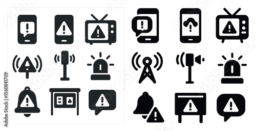 Set of icons for various devices and services, including a TV, a cell phone, a computer, and a radio. The icons are all black and white, and they are arranged in a grid