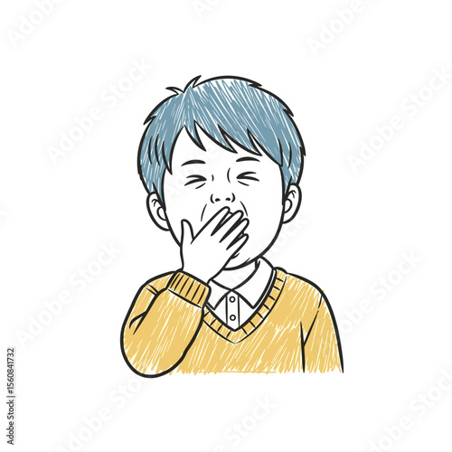 Young boy yawning and covering mouth while wearing sweater  