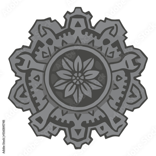 Tribal mandala symbol in dark ornamental style, gray tones, ethnic art and spiritual concept