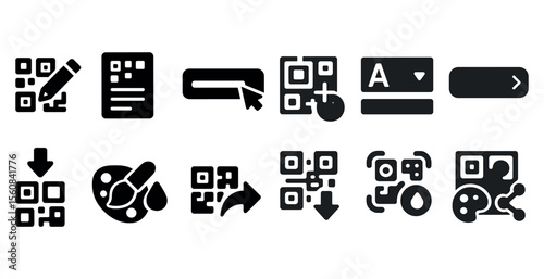 Set of icons for a computer program. The icons include a paintbrush, a QR code, a down arrow, and a check mark