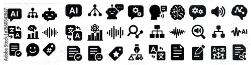 Collection of icons for various things, including a robot, a brain, and a microphone. The icons are all black and white