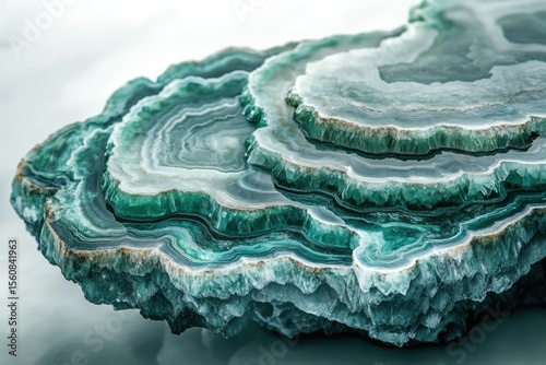 Layered teal gemstone with intricate patterns and textures resembling a miniature landscape.