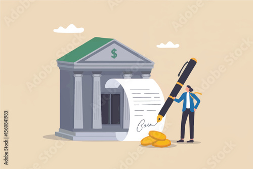 Flat cartoon vector illustration of a person signing a document next to a bank isolated on transparent background