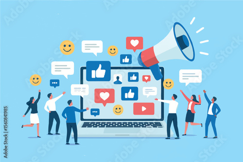 Social media marketing campaign with people and megaphone isolated on transparent background