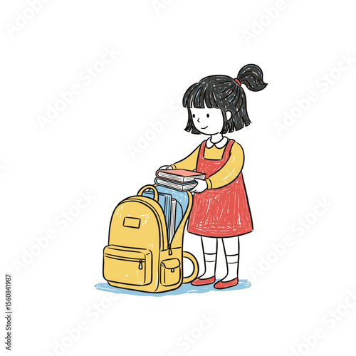 Young girl putting books in yellow backpack while smiling  