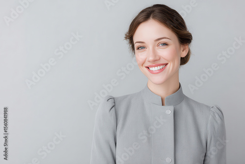 minimalist portrait of flight attendant with friendly smile positioned on left side of frame