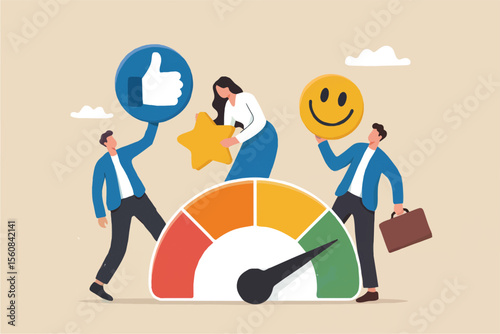 Customer satisfaction meter with people giving feedback isolated on transparent background