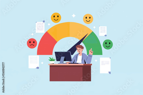 Flat cartoon vector illustration of a man at a desk with a satisfaction meter isolated on transparent background