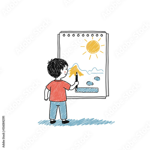 Young boy drawing a landscape with sun and mountains on paper  