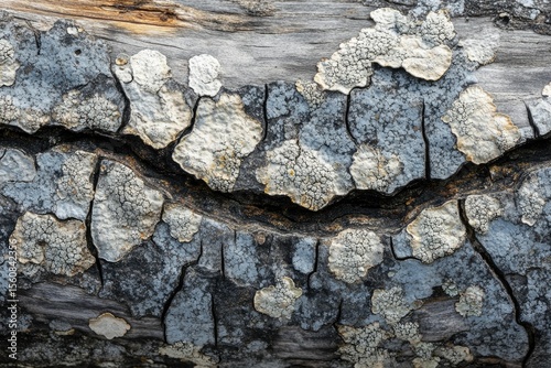 Close-up of cracked wood textured with grey and white lichen, showing natural patterns and decay.