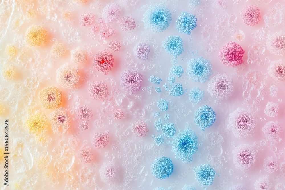 Fototapeta premium Pastel-colored microbial colonies in a gradient pattern, resembling abstract art.