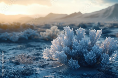 Frost-covered shrub in a sunlit desert landscape, showcasing winter's beauty.