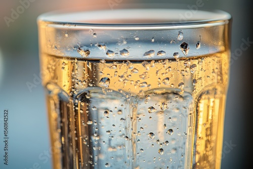 Close-up of a glass filled with sparkling water, condensation visible on the exterior.