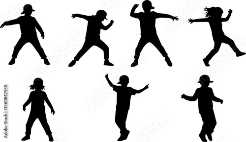 Children dancing street dance silhouette vector illustration. Hip hop, break dance, juzz funk, rap, freestyle
