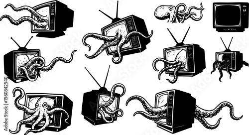 Octopus tentacles emerge from tv in hand drawn vintage monochrome style. Creative retro vector illustration monster for print or tattoo.
