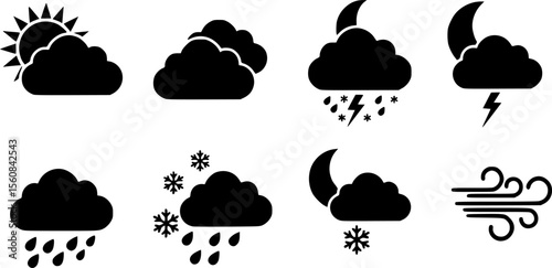 Weather icons. Weather forecast icon set. Clouds logo. Weather , clouds, sunny day, moon, snowflakes, wind, sun day. Vector illustration.
