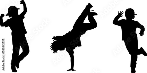 Children dancing street dance silhouette vector illustration. Hip hop, break dance, juzz funk, rap, freestyle
