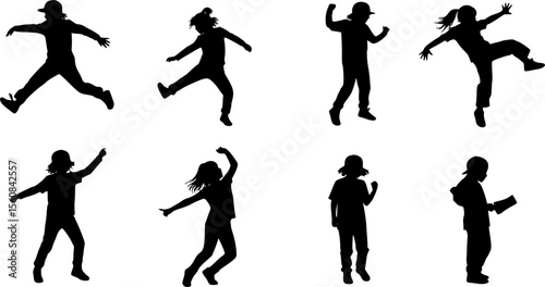 Children dancing street dance silhouette vector illustration. Hip hop, break dance, juzz funk, rap, freestyle
