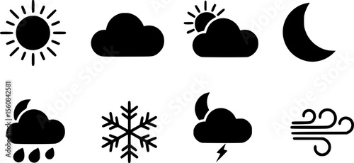 Weather icons. Weather forecast icon set. Clouds logo. Weather , clouds, sunny day, moon, snowflakes, wind, sun day. Vector illustration.
