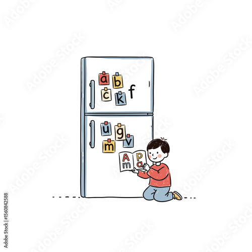 Young boy playing with magnetic letters on refrigerator door  