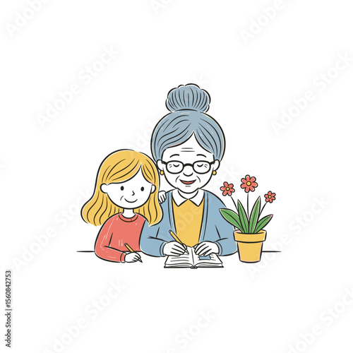 Grandmother helps her granddaughter with her homework