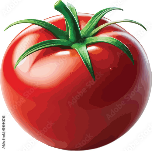 Fresh and ripe red tomato with green stem and leaf detailed illustration
