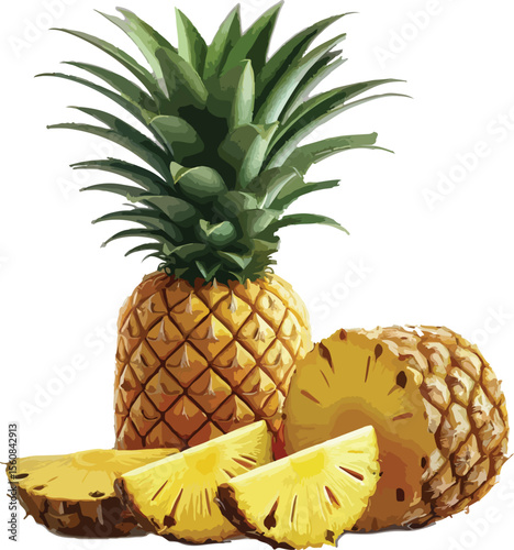 Fresh tropical pineapple vector illustration featuring whole pineapple and sliced fruit pieces