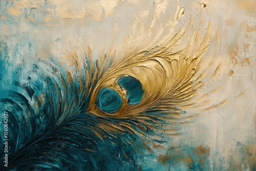 Abstract peacock feather painting in teal, gold, and beige, showcasing texture and elegance.