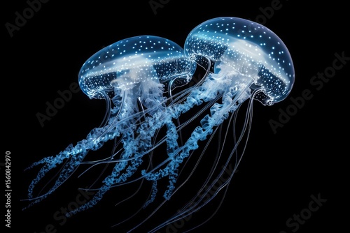 Two bioluminescent jellyfish gracefully swim in the dark ocean depths, their ethereal beauty captivating.