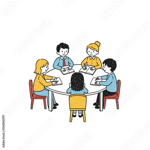 Group of young people working together at table with notebooks  