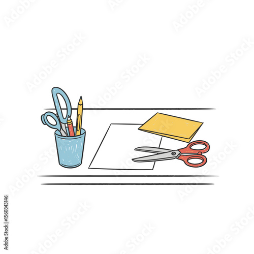 Office supplies including scissors and pencils on a table  