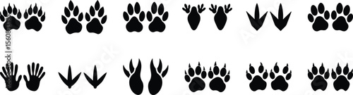 Animal paw bird hoof footprint silhouette set, vector wild forest track icons for hunting and wildlife design