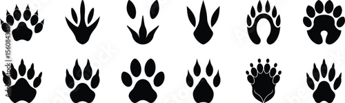 Wild animal footprint silhouette collection - black vector paw, hoof, and bird track icons for nature pet hunting decoration