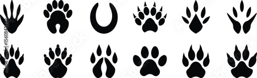 Animal paw and hoof print silhouette set, vector wildlife track icons including horse shoe dog cat bear bird footprints