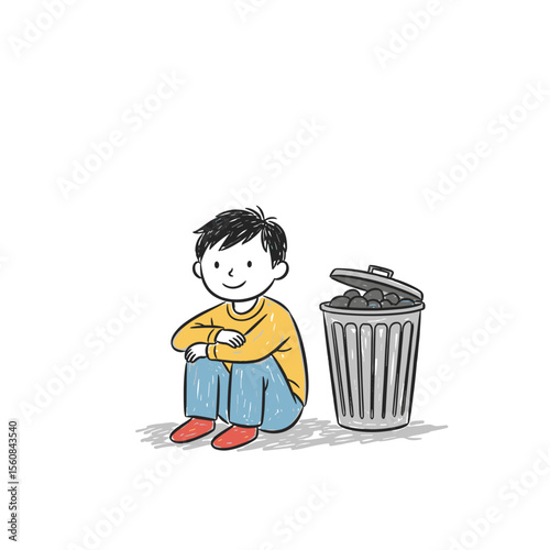 Young boy sitting beside trash can with a smile on his face  