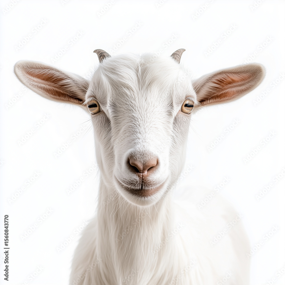 Obraz premium White goat smiling with friendly expression against white background