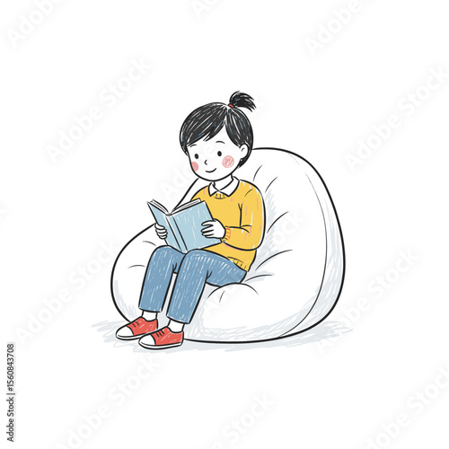 Child reading a book while sitting on a bean bag chair  