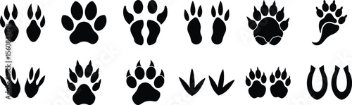 Animal paw print and hoof silhouette set, vector icons of dog, cat, deer, horse, bird footprints isolated collection