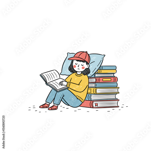 The girl fell asleep while reading books