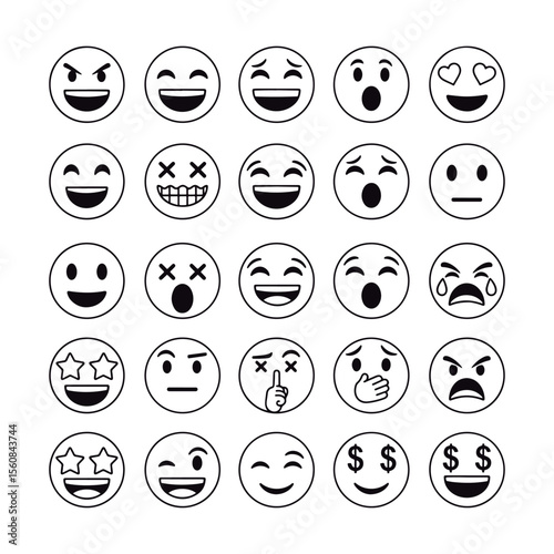Black and White Emoji Faces Vector Set.
