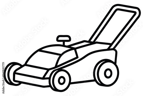 Black outline illustration of a manual push lawn mower side view angle