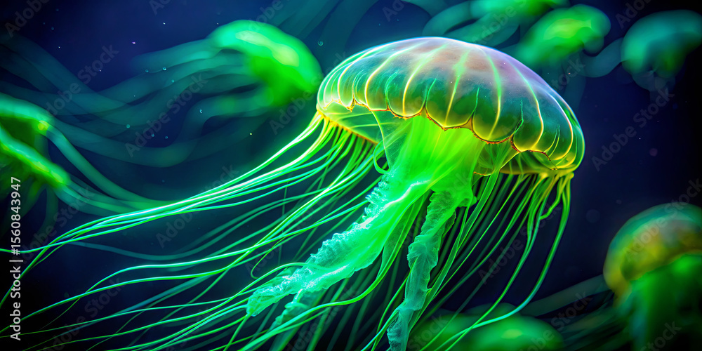Naklejka premium Jellyfish move fluidly through deep blue waters, their delicate, translucent bodies illuminated by bioluminescent colors. This serene underwater activity highlights nature’s beauty