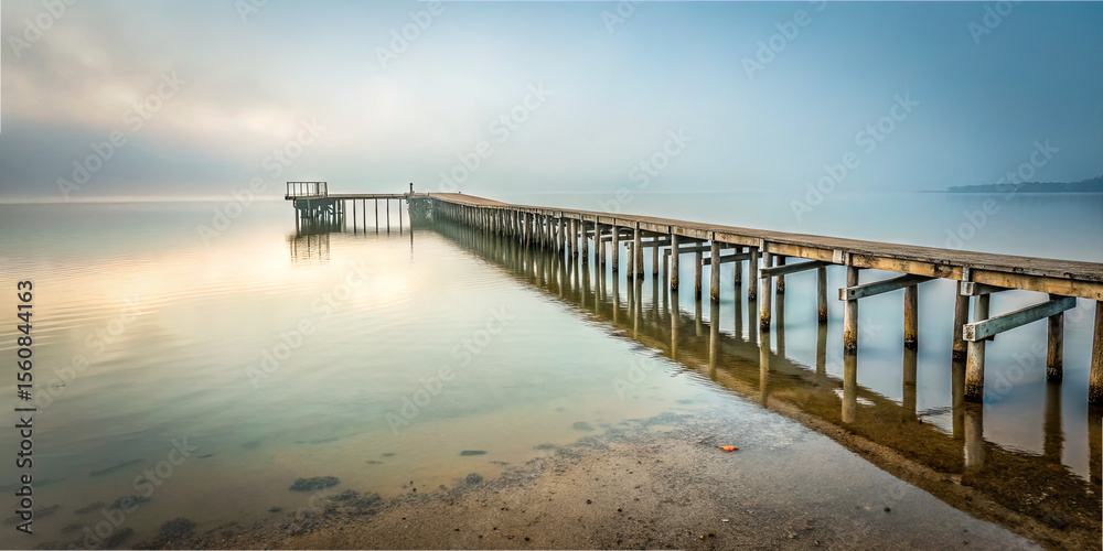 Obraz premium A wooden dock stretches over tranquil water, enveloped in soft morning mist. The peaceful atmosphere highlights the beauty of nature at dawn, inviting reflection