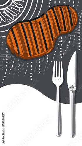 Grilled steak on gray background with fork and knife on side  