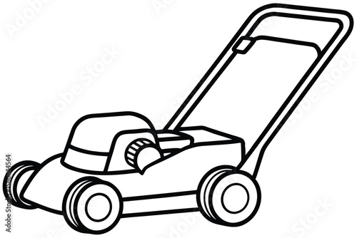 Black and White Line Art Illustration of a Lawn Mower with Handle