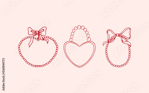 Set of hand drawn vintage romantic frames. Wreaths of pearls and bows in red. Doodle sketch style. Vector illustration