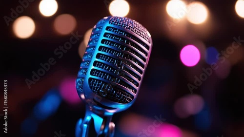 Close-up of a vintage microphone on a stage, bathed in vibrant stage lights