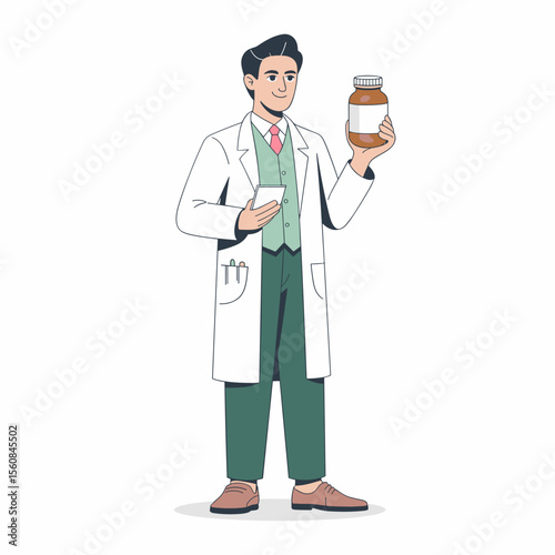 Cartoon Pharmacist Holding Medicine Bottle