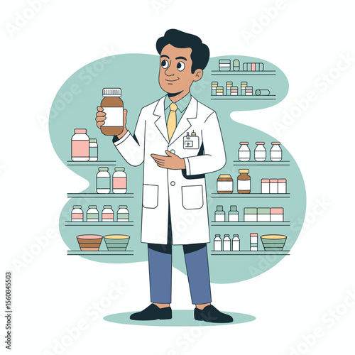 Cartoon Pharmacist Holding Medicine Bottle